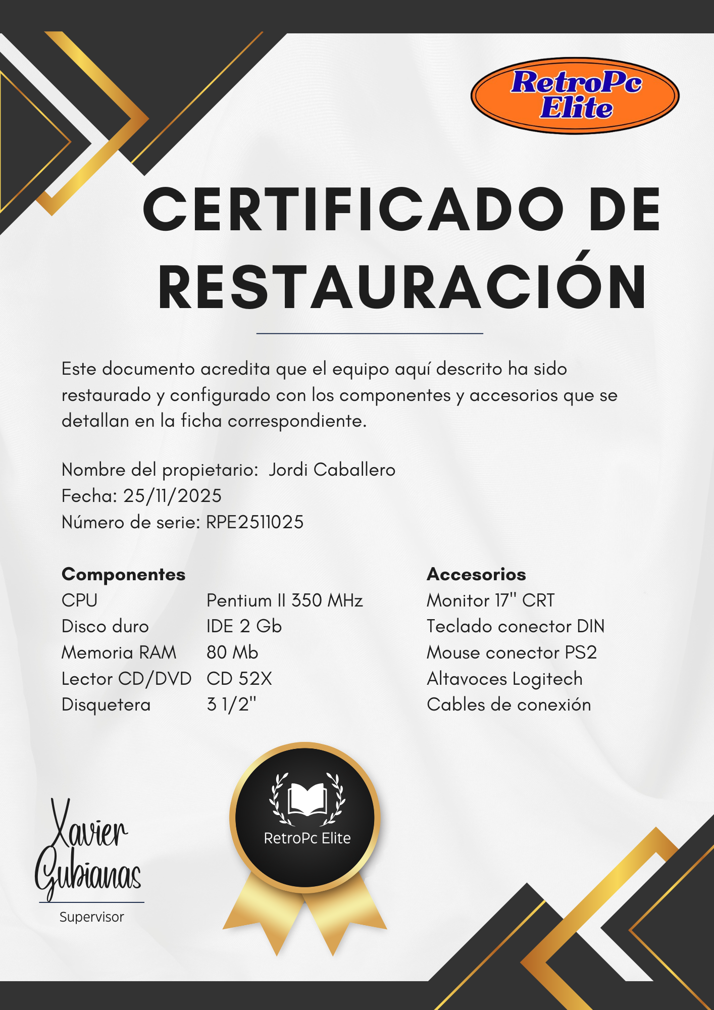 Certificado de restauración y coleccionista